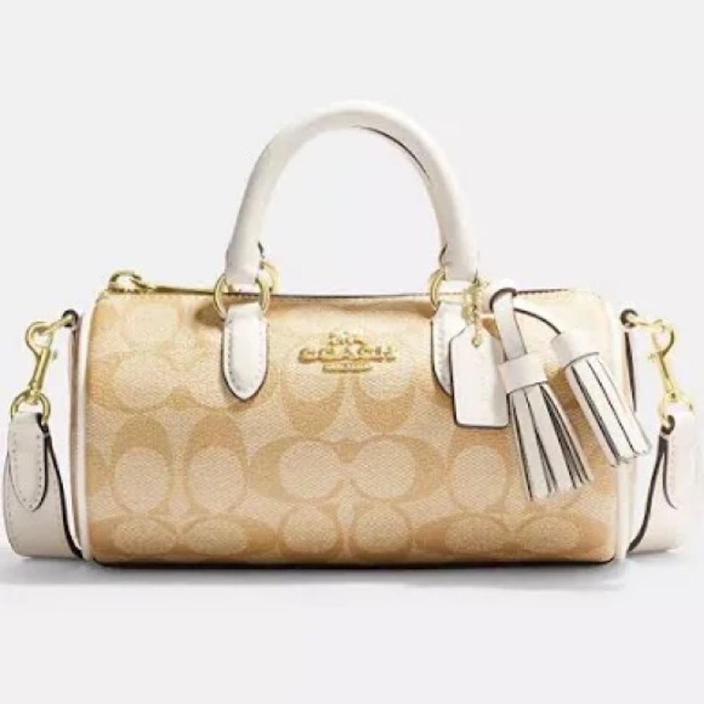 Coach Mini Barrel Bag in Beige and Chalk Leather Trim